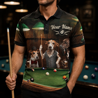 Dog Billiards Bar Scene Graphic Personalized Billiard Polo Shirt Front View