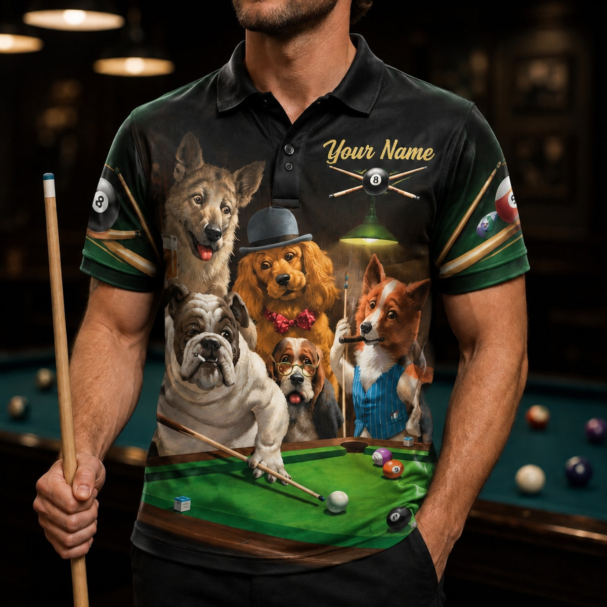 Dog Billiards Team Graphic Personalized Billiard Polo Shirt Front View