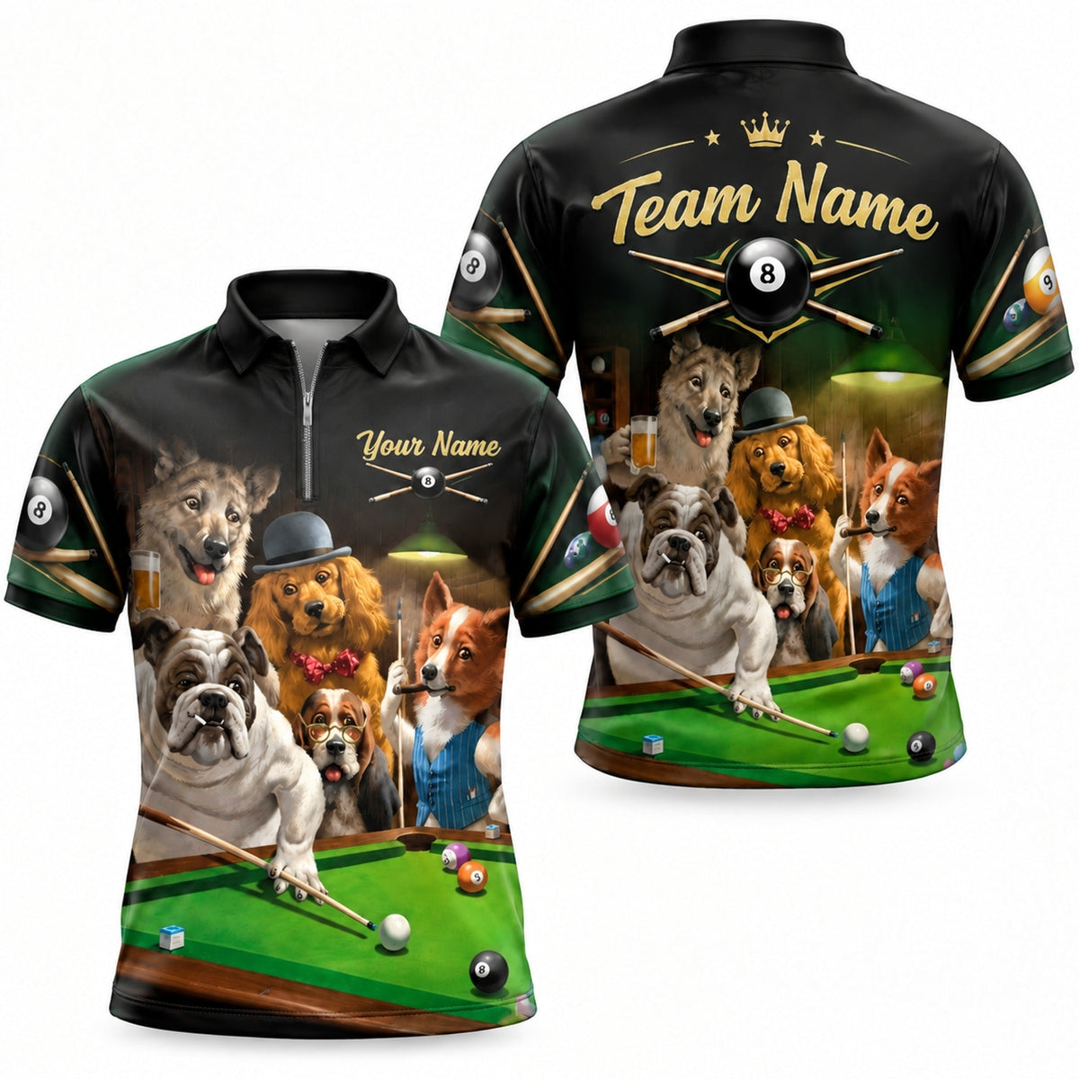 Dog Billiards Team Graphic Personalized Billiard Polo Shirt Jersey Zip 1 4 Collar