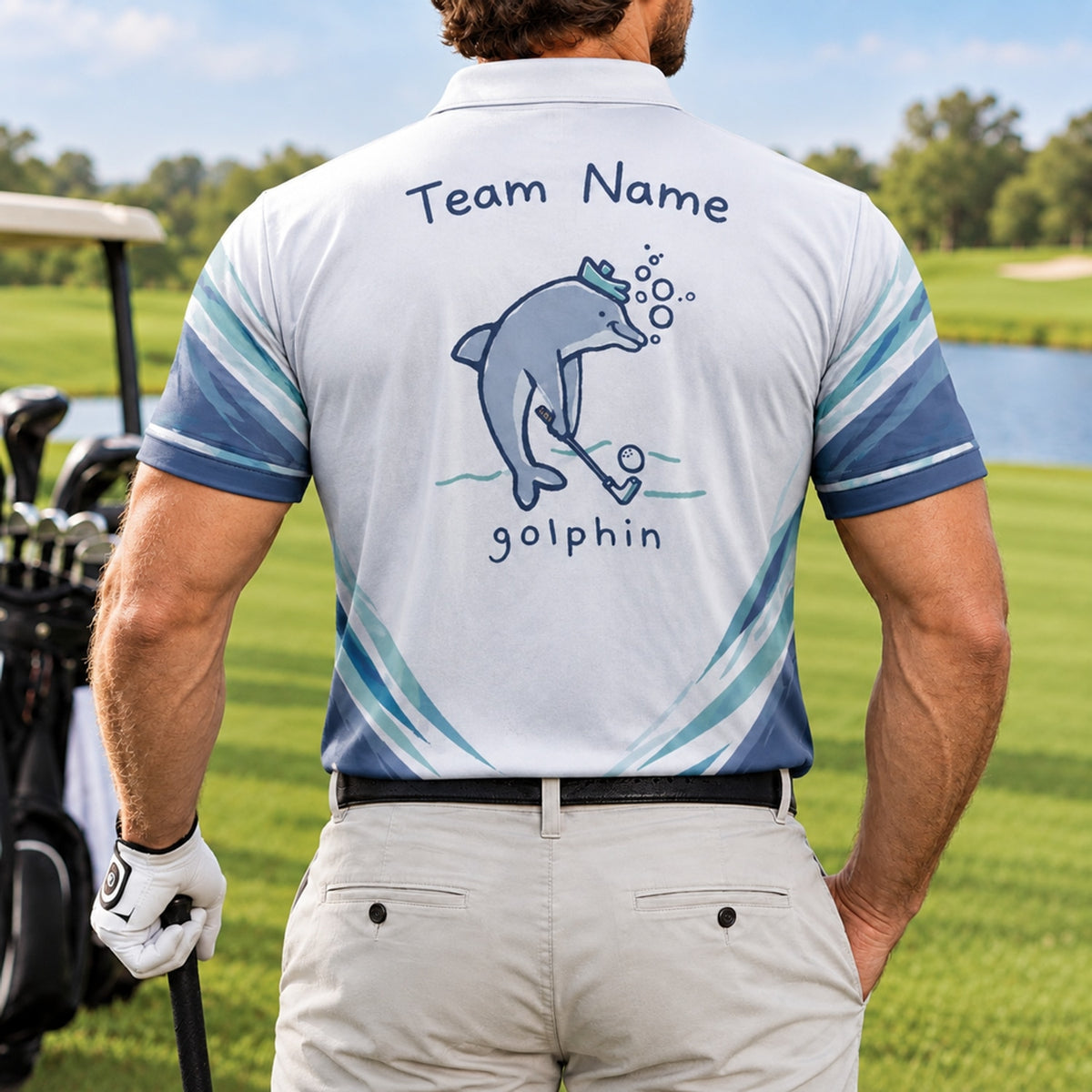 Dolphin Golfer Graphic Personalized Golf Polo Shirt Back View