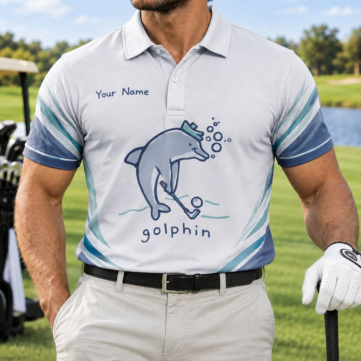Dolphin Golfer Graphic Personalized Golf Polo Shirt Front View