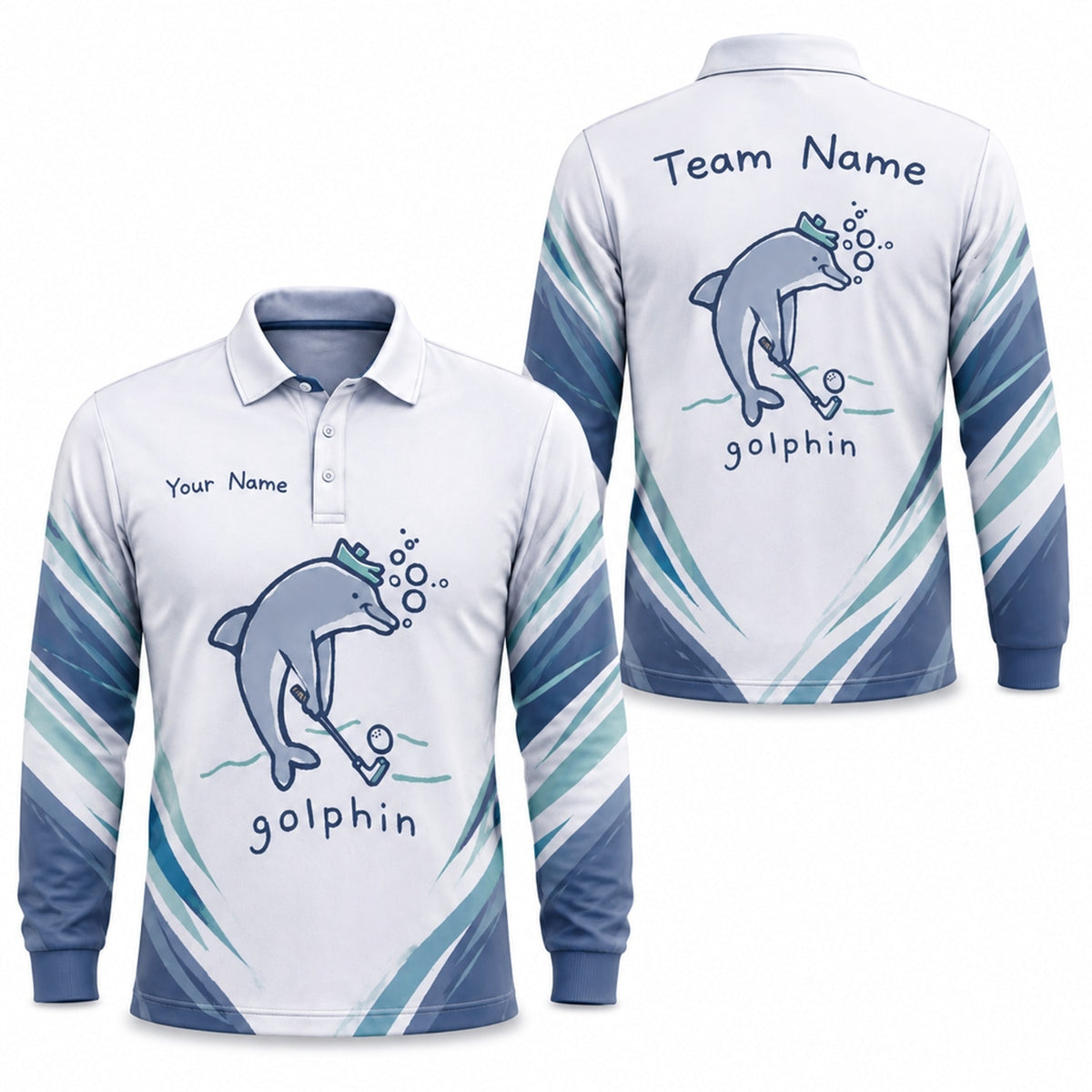 Dolphin Golfer Graphic Personalized Golf Polo Shirt Long Sleeve Polo