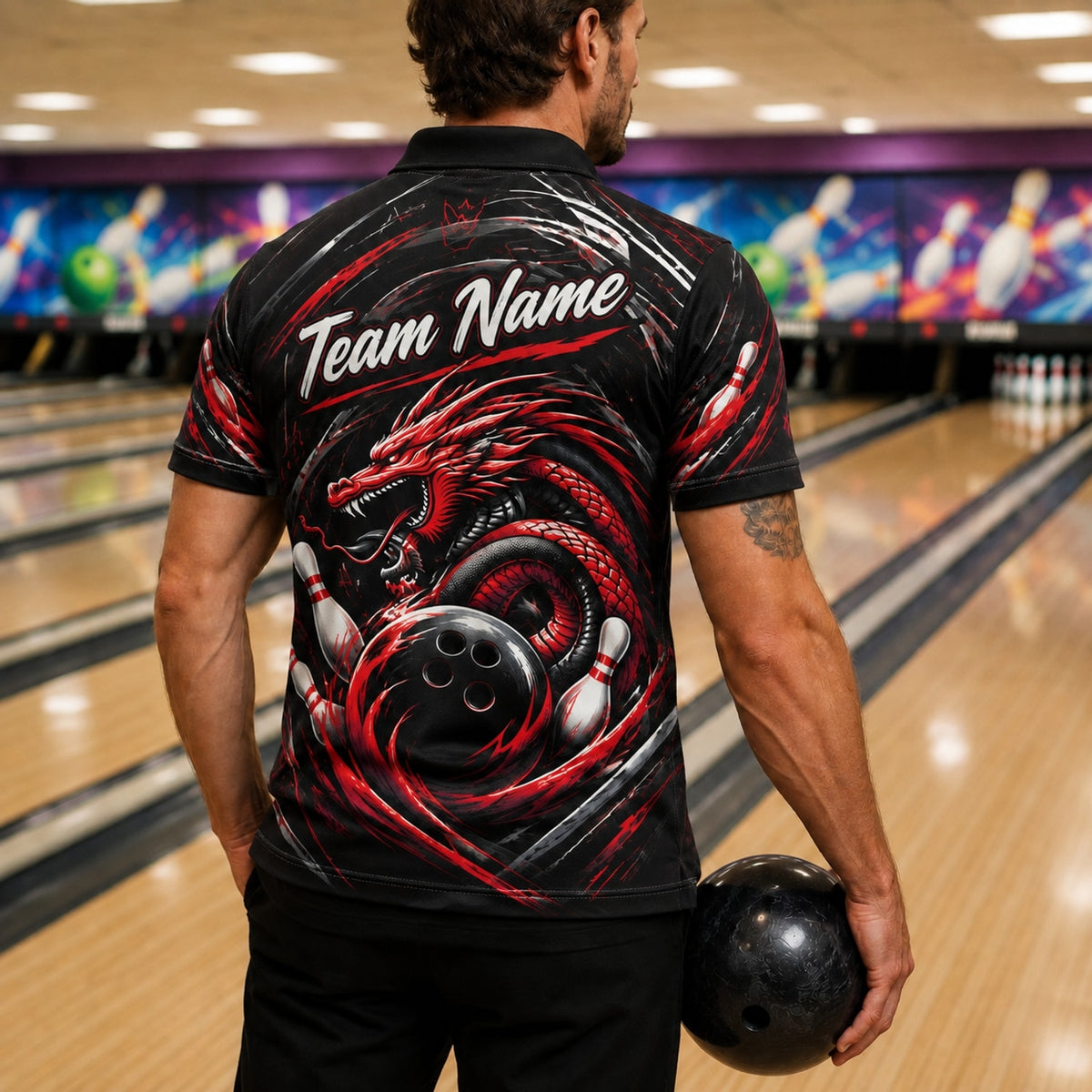 Dragon Bowling Ball Strike Sport Personalized Bowling Polo Shirt Back View