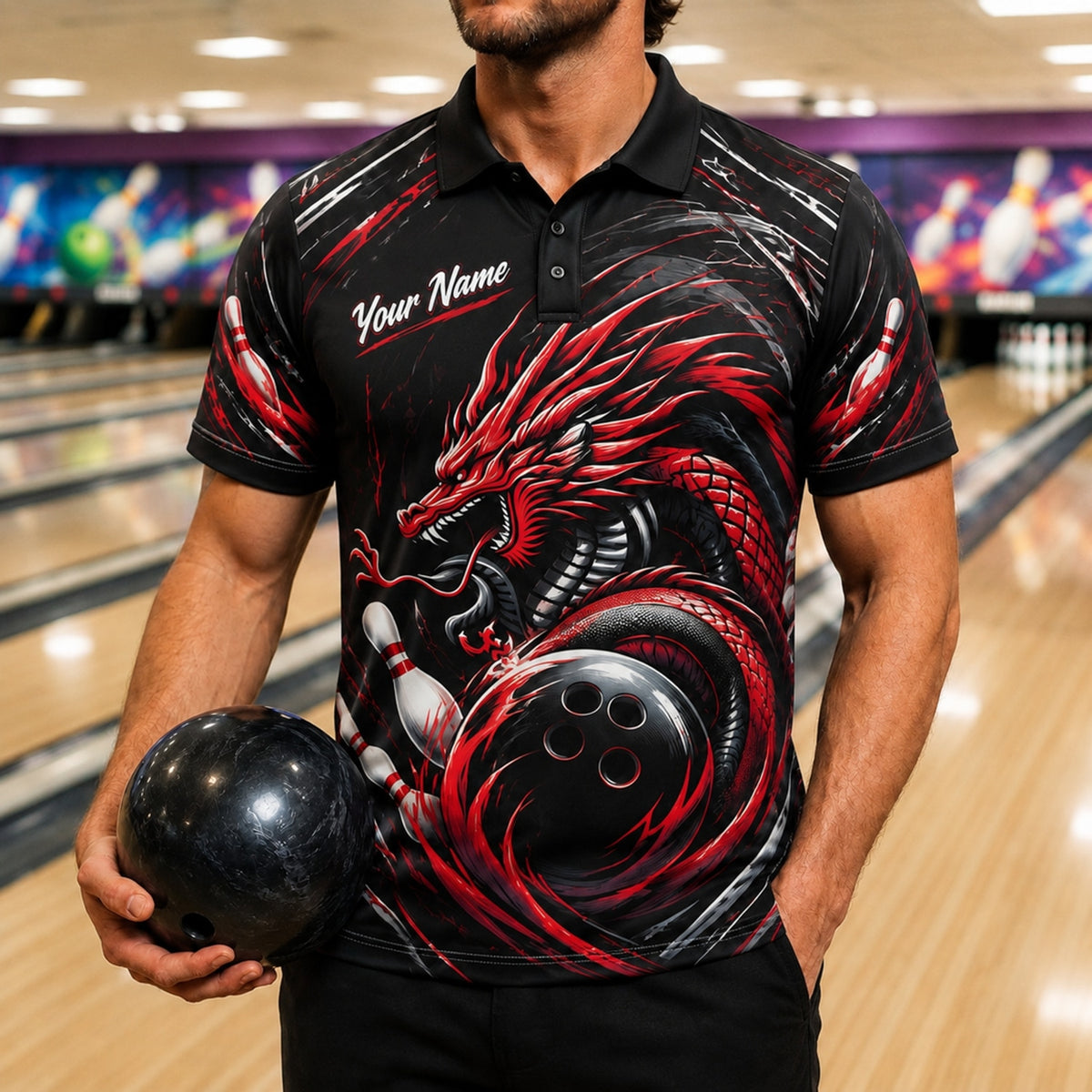 Dragon Bowling Ball Strike Sport Personalized Bowling Polo Shirt Front View