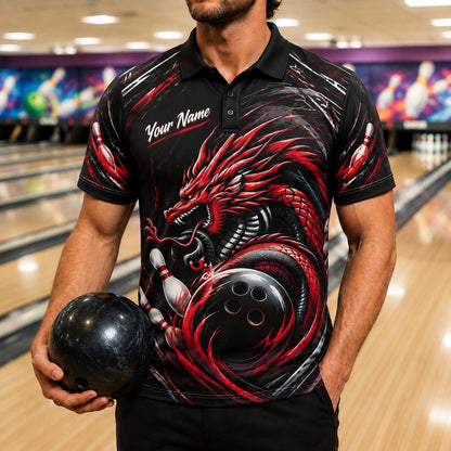 Dragon Bowling Ball Strike Sport Personalized Bowling Polo Shirt Front View