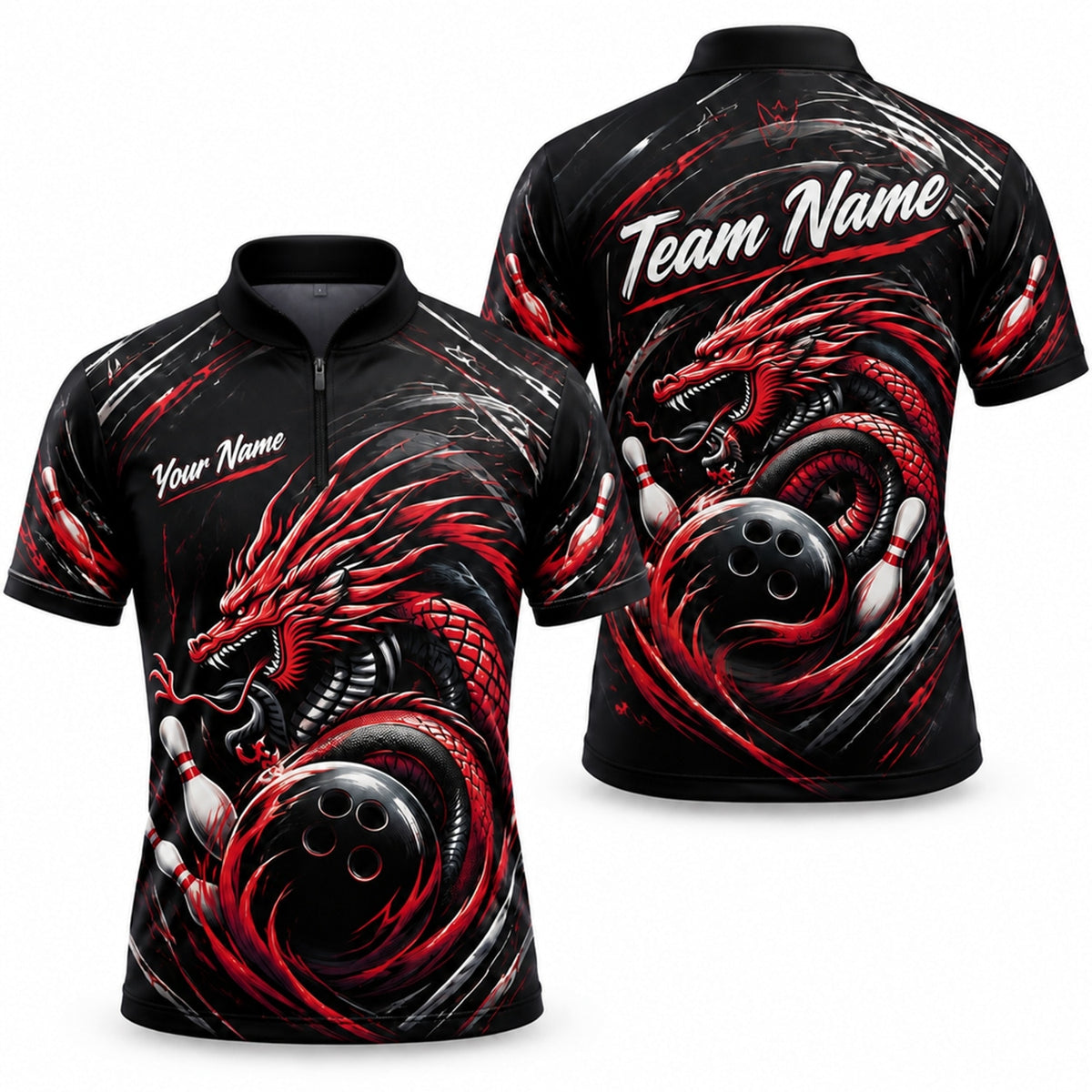 Dragon Bowling Ball Strike Sport Personalized Bowling Polo Shirt Jersey Zip 1 4 Collar