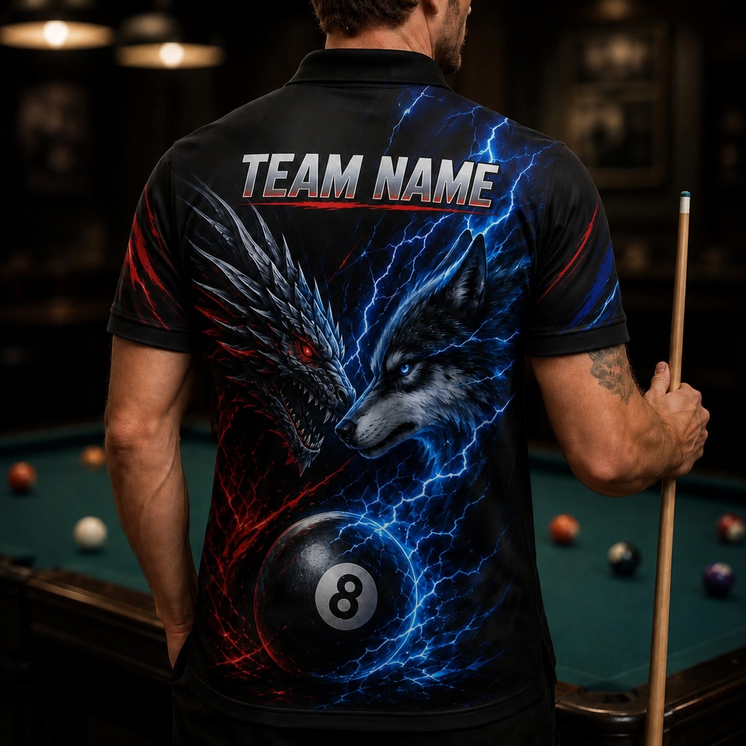 Dragon Wolf 8 Ball Sport Personalized Billiard Polo Shirt Back View