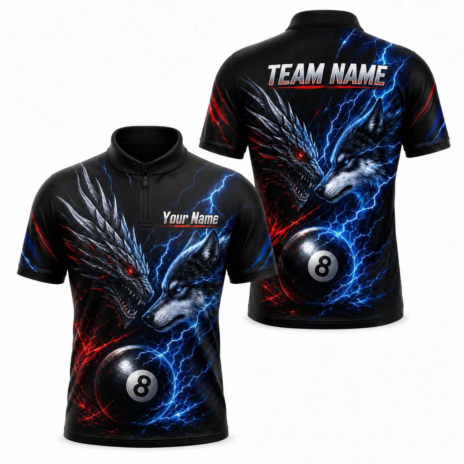Dragon Wolf 8 Ball Sport Personalized Billiard Polo Shirt Jersey Zip 1 4 Collar