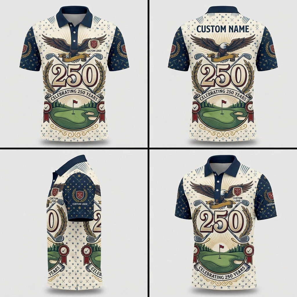 Multi-angle view of the Majestic Eagle 250th anniversary golf polo for men