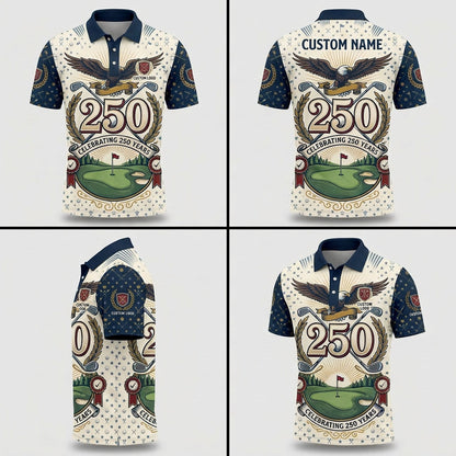 Multi-angle view of the Majestic Eagle 250th anniversary golf polo for men