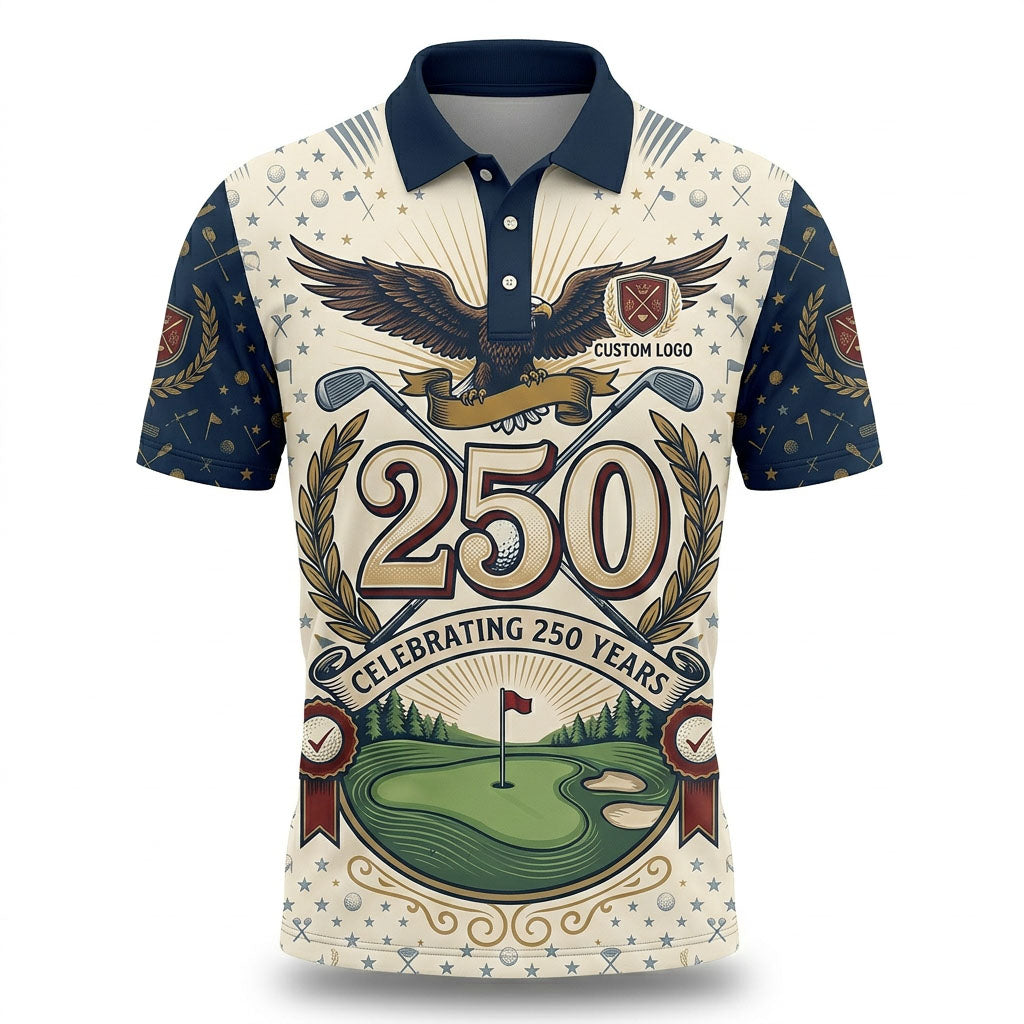 Elegant flatlay of the Majestic Eagle 250th anniversary performance polo