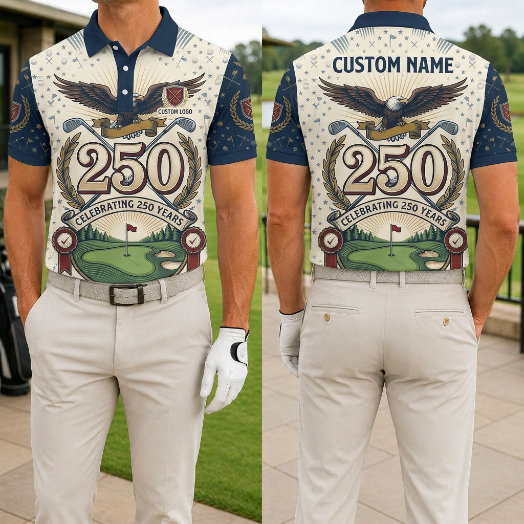 Front and back view of the Majestic Eagle 250th anniversary custom golf polo shirt