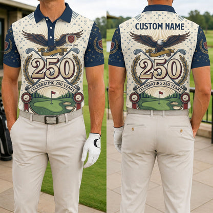 Front and back view of the Majestic Eagle 250th anniversary custom golf polo shirt