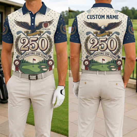 Front and back view of the Majestic Eagle 250th anniversary custom golf polo shirt