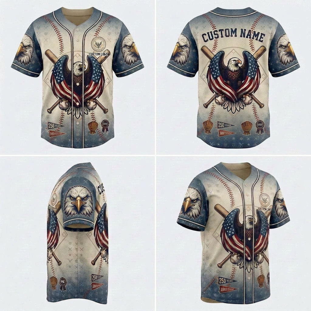 Product grid showing multiple views of the patriotic eagle baseball jersey
