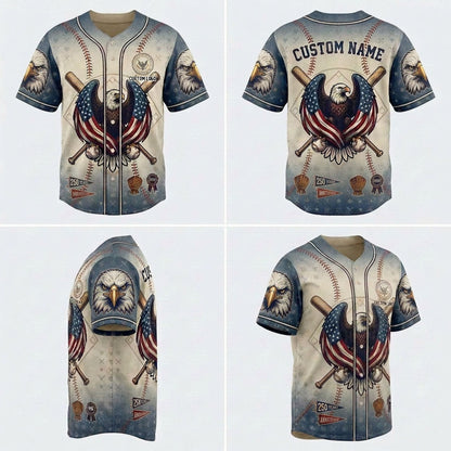 Product grid showing multiple views of the patriotic eagle baseball jersey