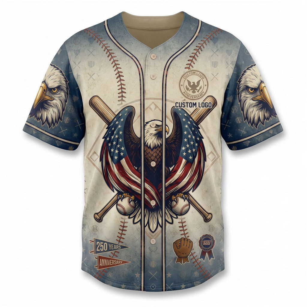 Flatlay view of the patriotic 250 years baseball jersey with eagle design
