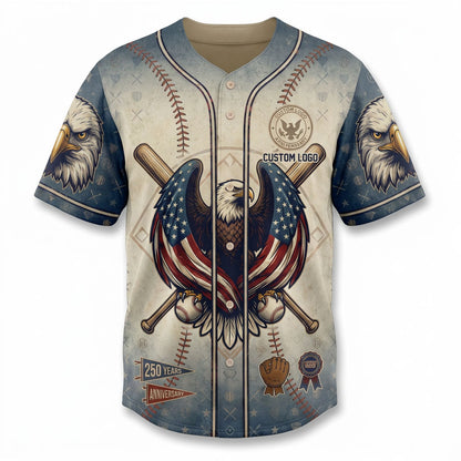 Flatlay view of the patriotic 250 years baseball jersey with eagle design