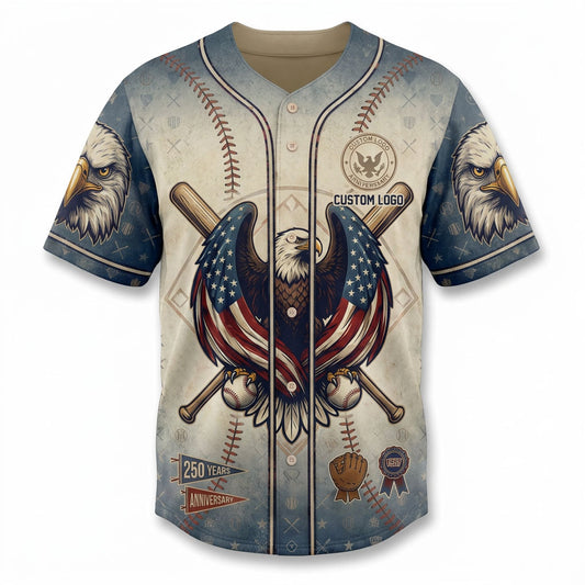 Flatlay view of the patriotic 250 years baseball jersey with eagle design