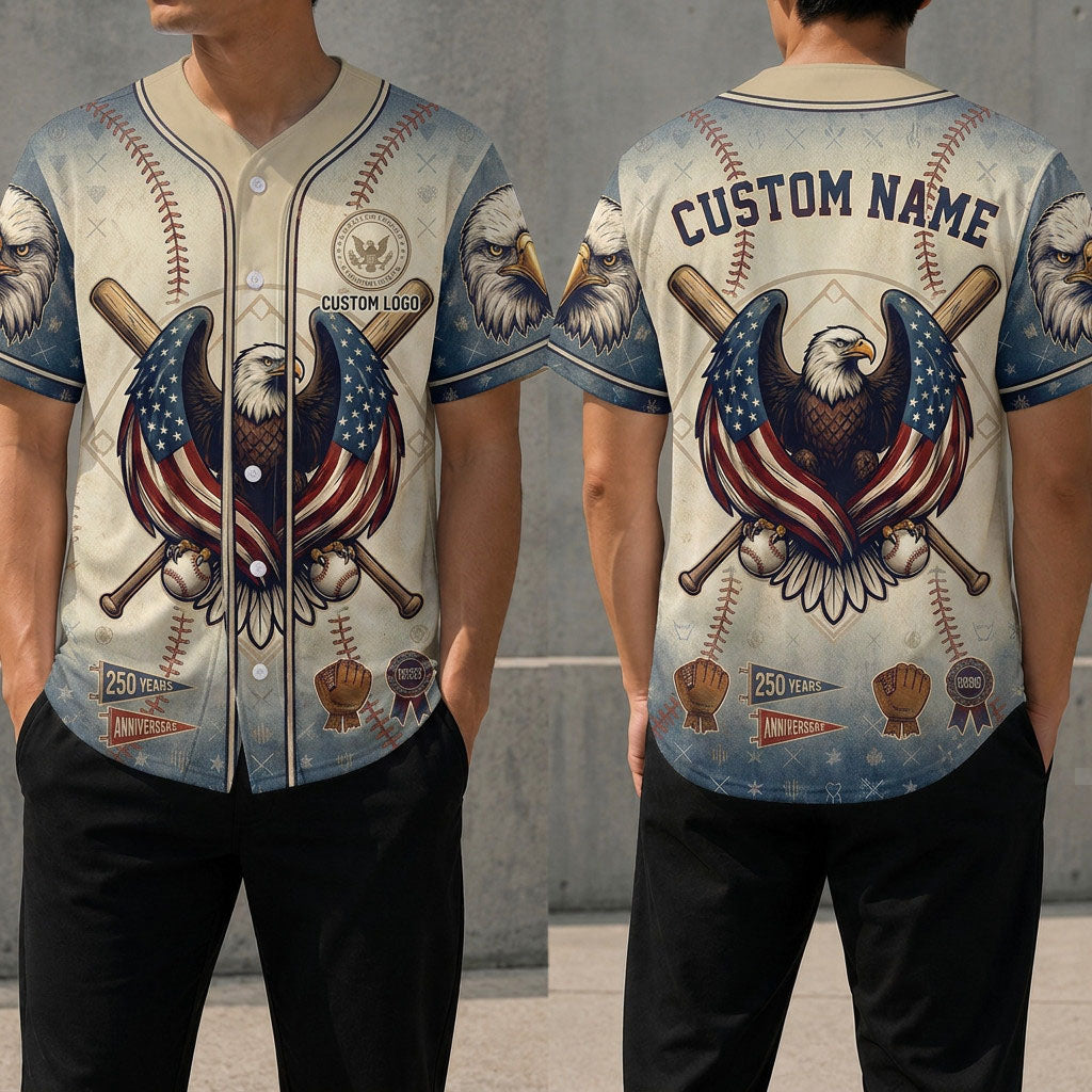 Front and back view of the patriotic eagle 250 years custom baseball jersey