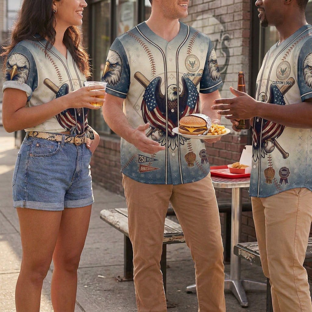 Group of people wearing patriotic eagle baseball jerseys outdoors