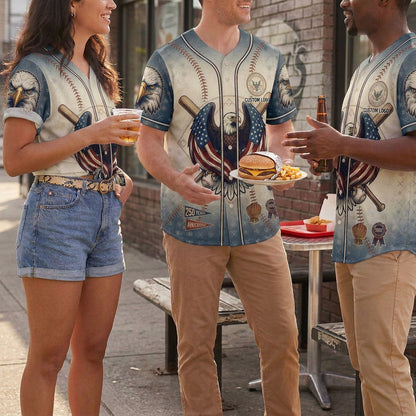 Group of people wearing patriotic eagle baseball jerseys outdoors