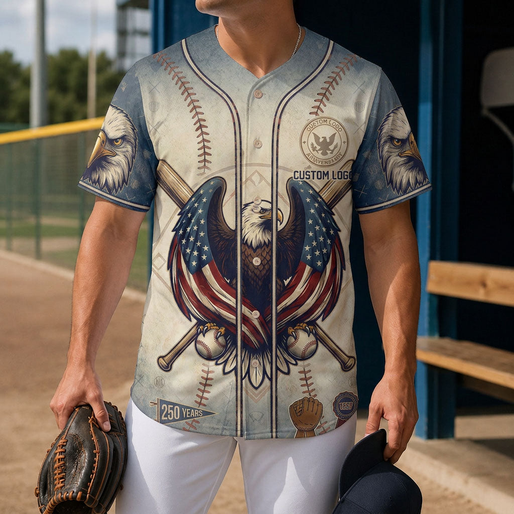 Model wearing the patriotic eagle 250 years baseball jersey at a sports field