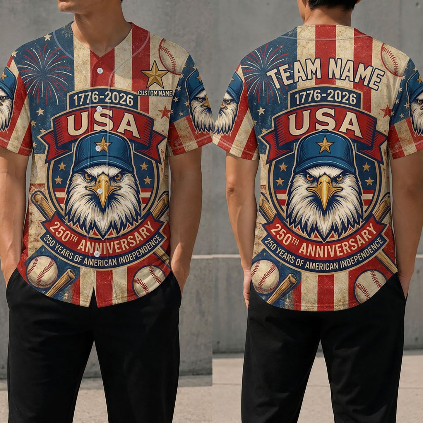 Front And Back View Of The USA 250th Anniversary Eagle Baseball Cap Jersey Featuring Patriotic Design Elements