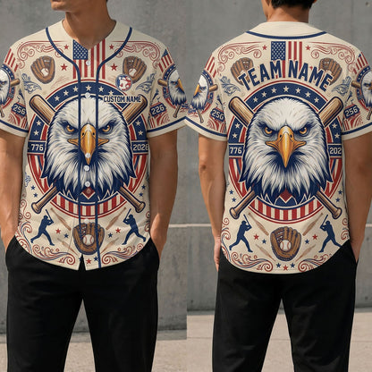 Front And Back View Of The Heritage Eagle And Glove Baseball Jersey Featuring Patriotic American Designs
