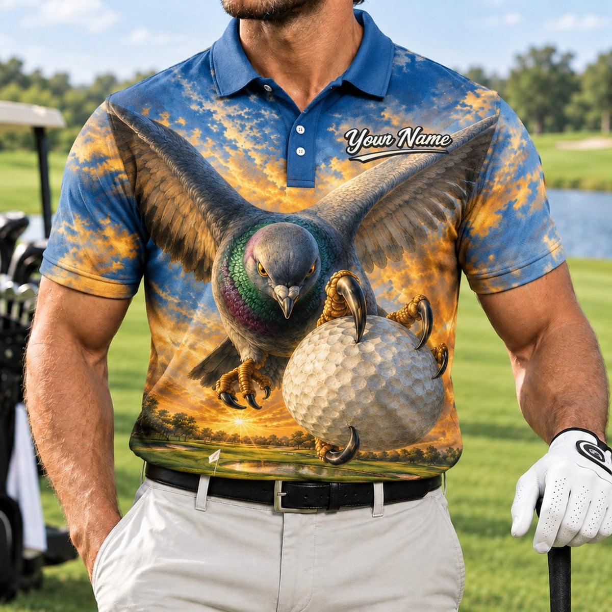 Eagle Grabbing Golf Ball Graphic Personalized Golf Polo Shirt Front View
