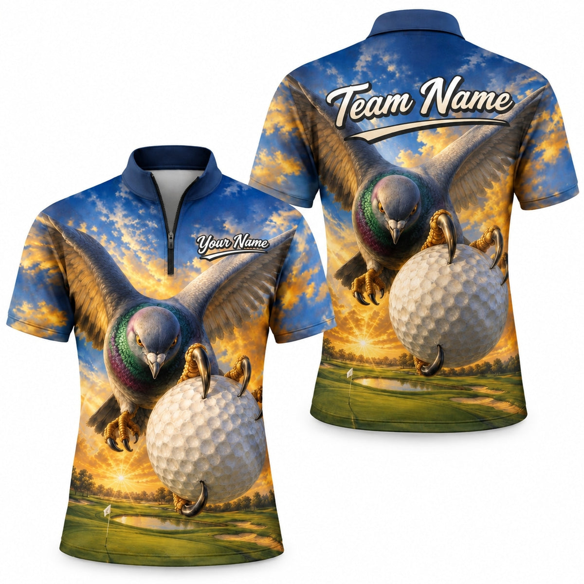 Eagle Grabbing Golf Ball Graphic Personalized Golf Polo Shirt Jersey Zip 1 4 Collar