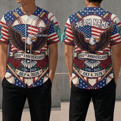 Front and back view of a patriotic baseball jersey featuring a majestic eagle, Statue of Liberty, and red roses for the USA 250th anniversary