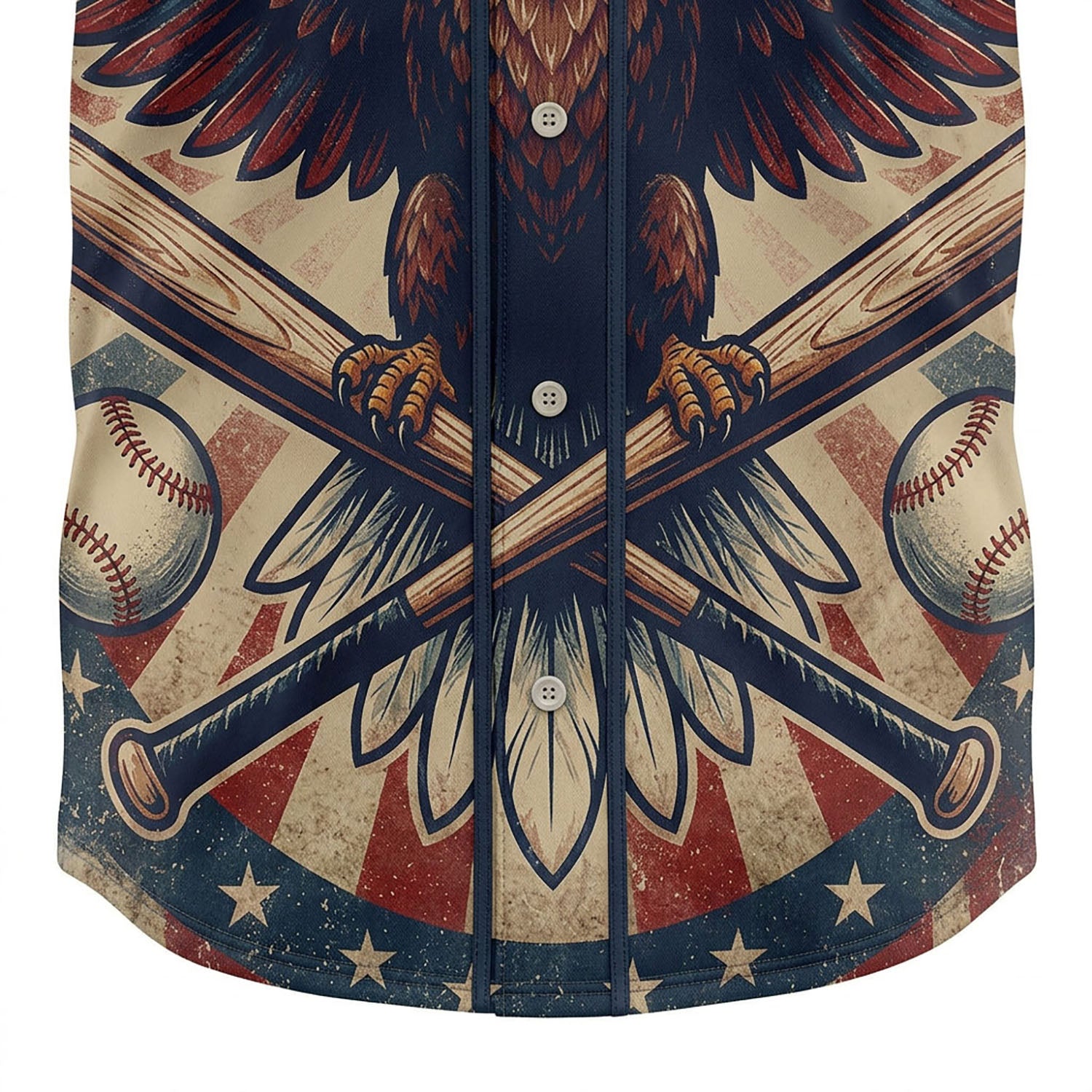 Close-Up Detail Of High-Definition Sublimation Print Showing An American Eagle And Crossed Bats Graphic