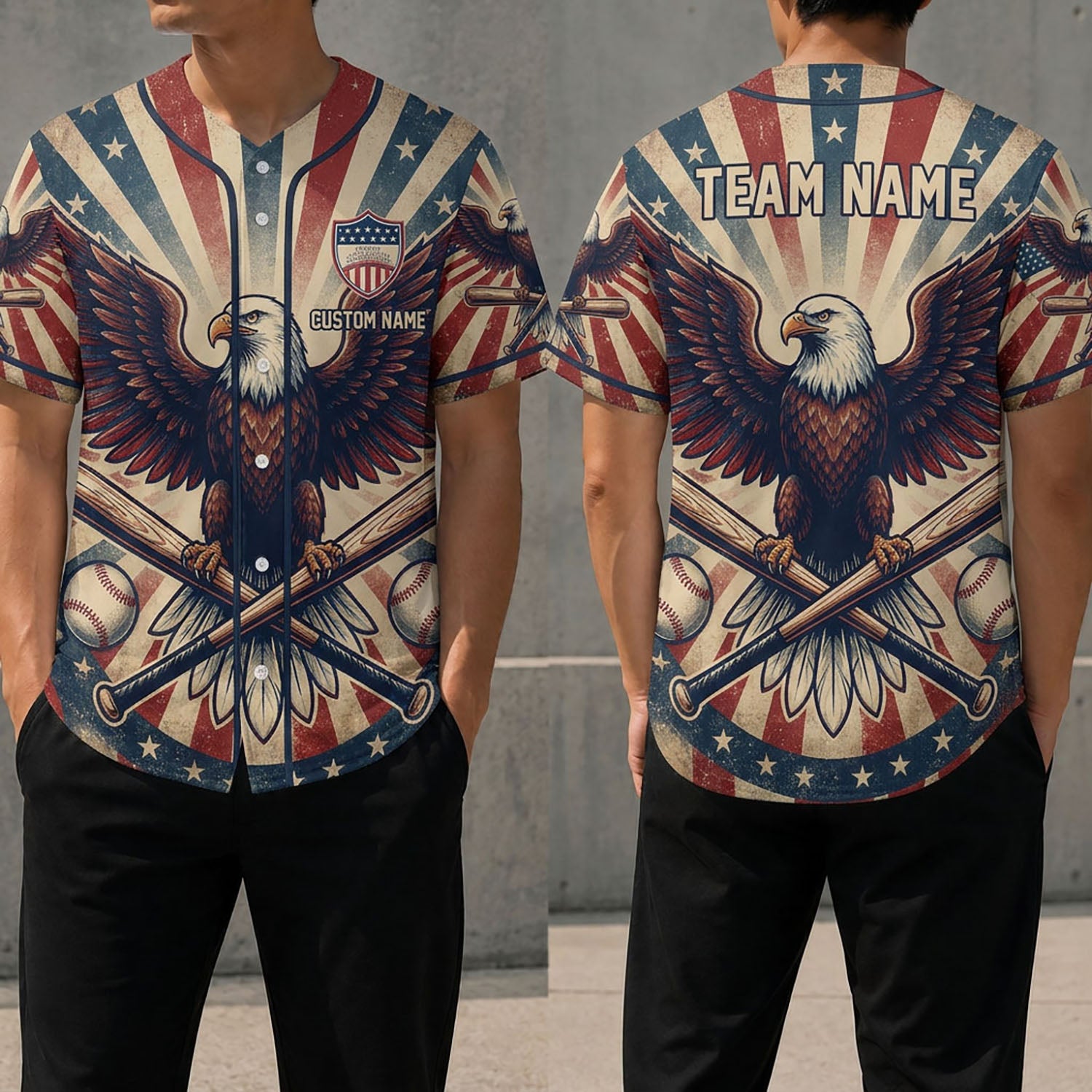 Front And Back View Of The Patriotic Eagle Baseball Jersey Featuring A Vintage Sunburst Background