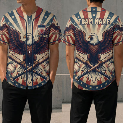 Front And Back View Of The Patriotic Eagle Baseball Jersey Featuring A Vintage Sunburst Background
