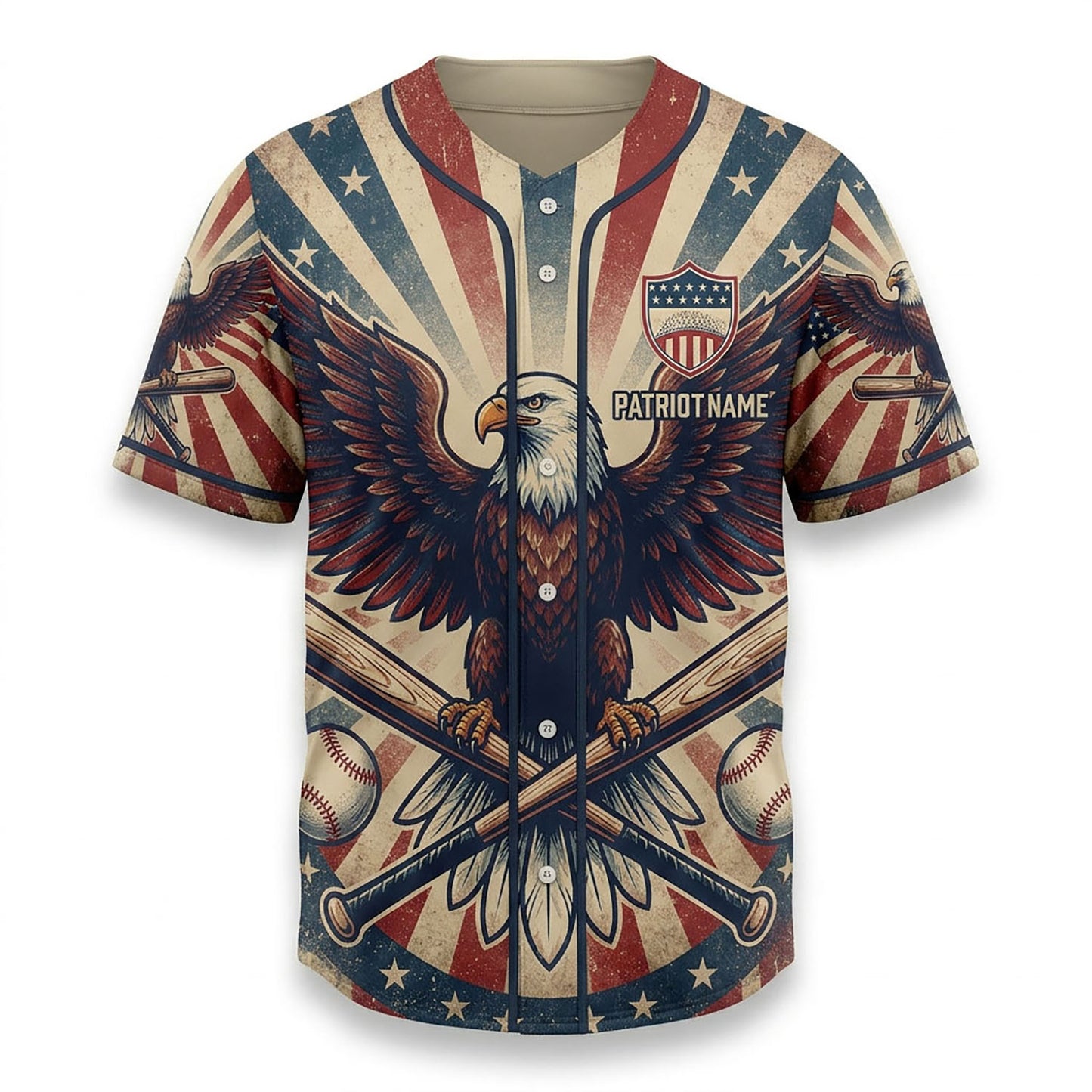 Isolated Front View Of A Custom Name Baseball Shirt With Vintage Sunburst And Eagle Design
