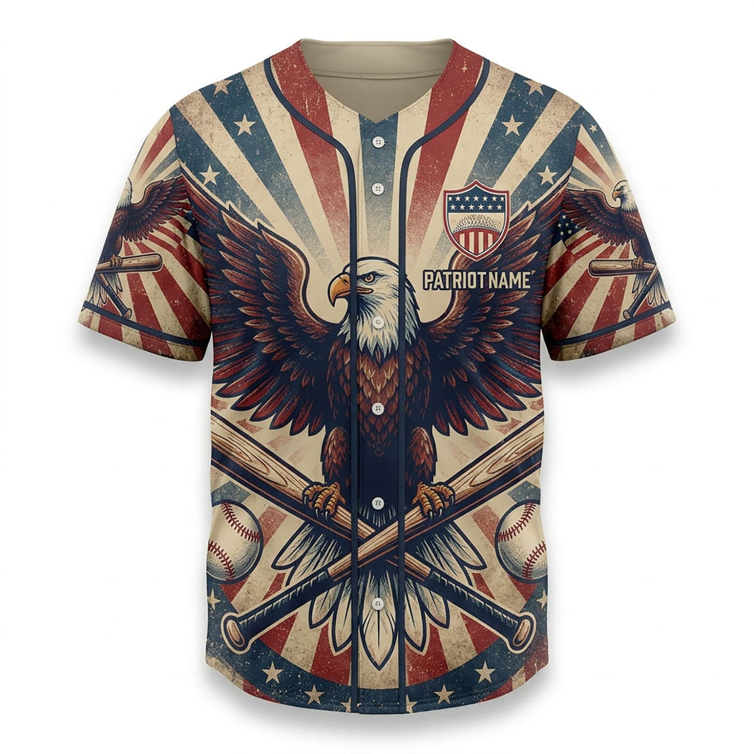 Isolated Front View Of A Custom Name Baseball Shirt With Vintage Sunburst And Eagle Design