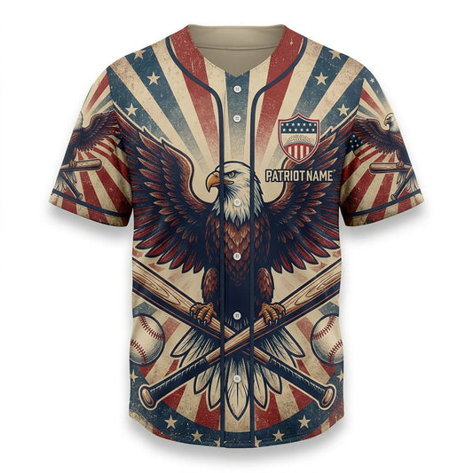 Isolated Front View Of A Custom Name Baseball Shirt With Vintage Sunburst And Eagle Design