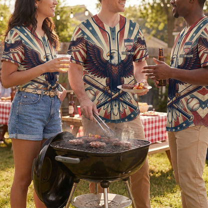 Diverse Group Of People Celebrating At An Outdoor Summer BBQ Wearing Commemorative Eagle Baseball Jerseys