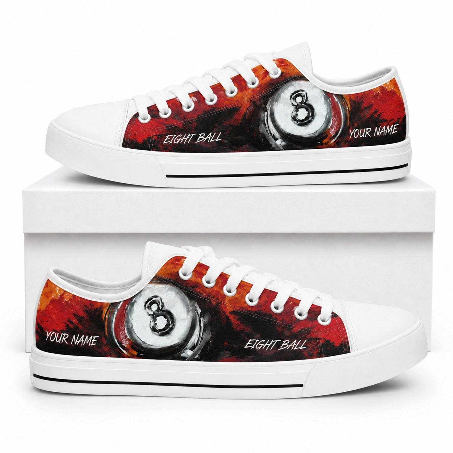 Eight Ball Artwork Graphic Personalized Low Top Shoes Box White