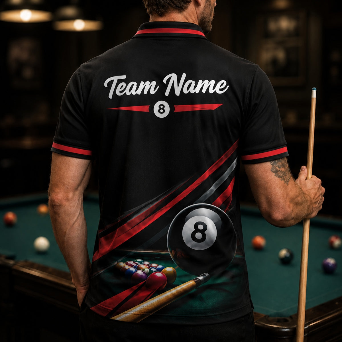 Eight Ball Billiards Graphic Personalized Billiard Polo Shirt Back View