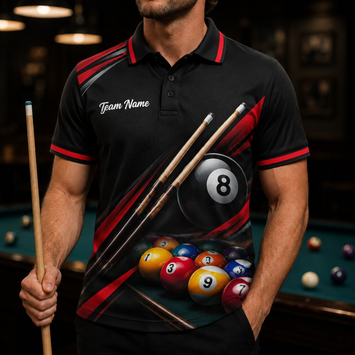 Eight Ball Billiards Graphic Personalized Billiard Polo Shirt Front View