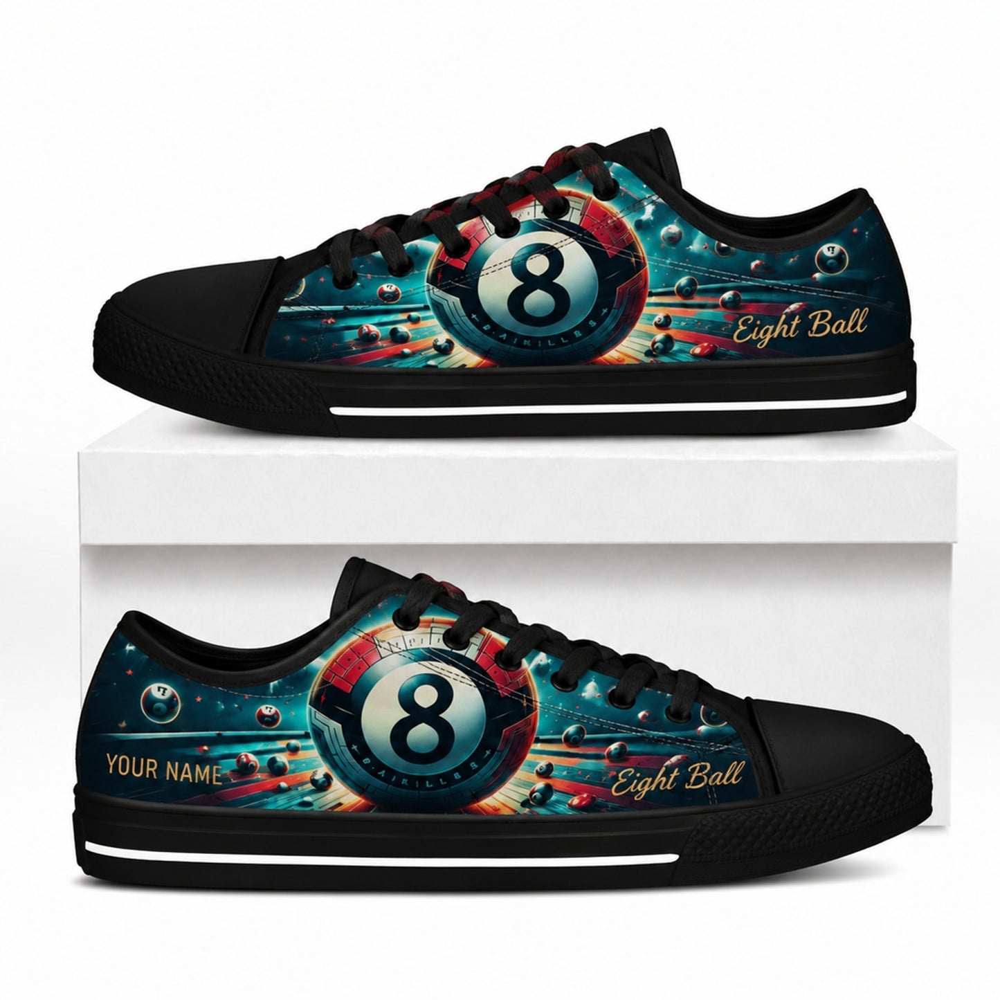 Eight Ball Billiards Graphic Personalized Low Top Shoes Box Black