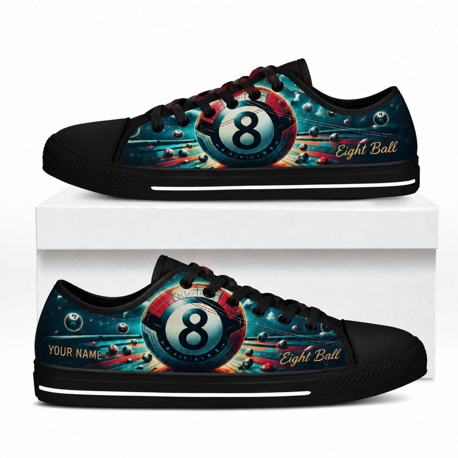 Eight Ball Billiards Graphic Personalized Low Top Shoes Box Black