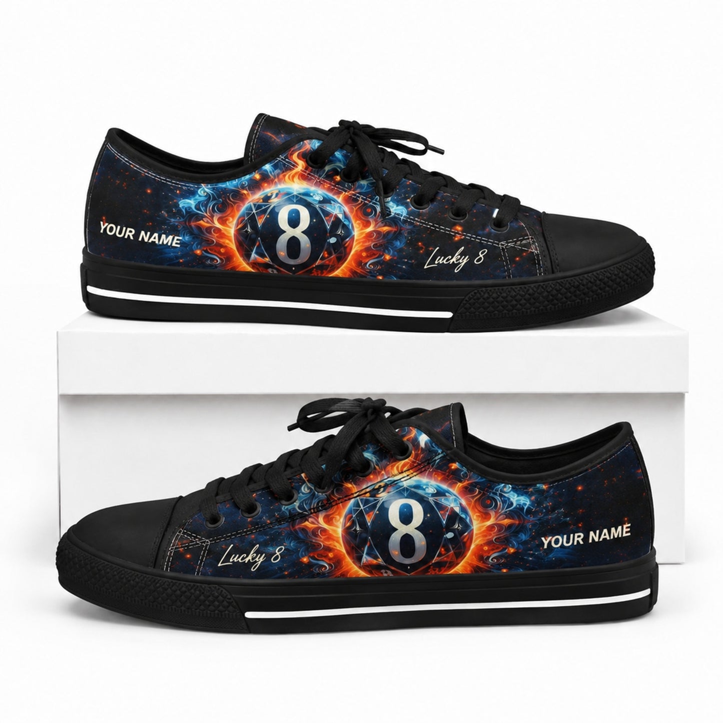 Eight Ball Flame Graphic Personalized Low Top Shoes Box Black