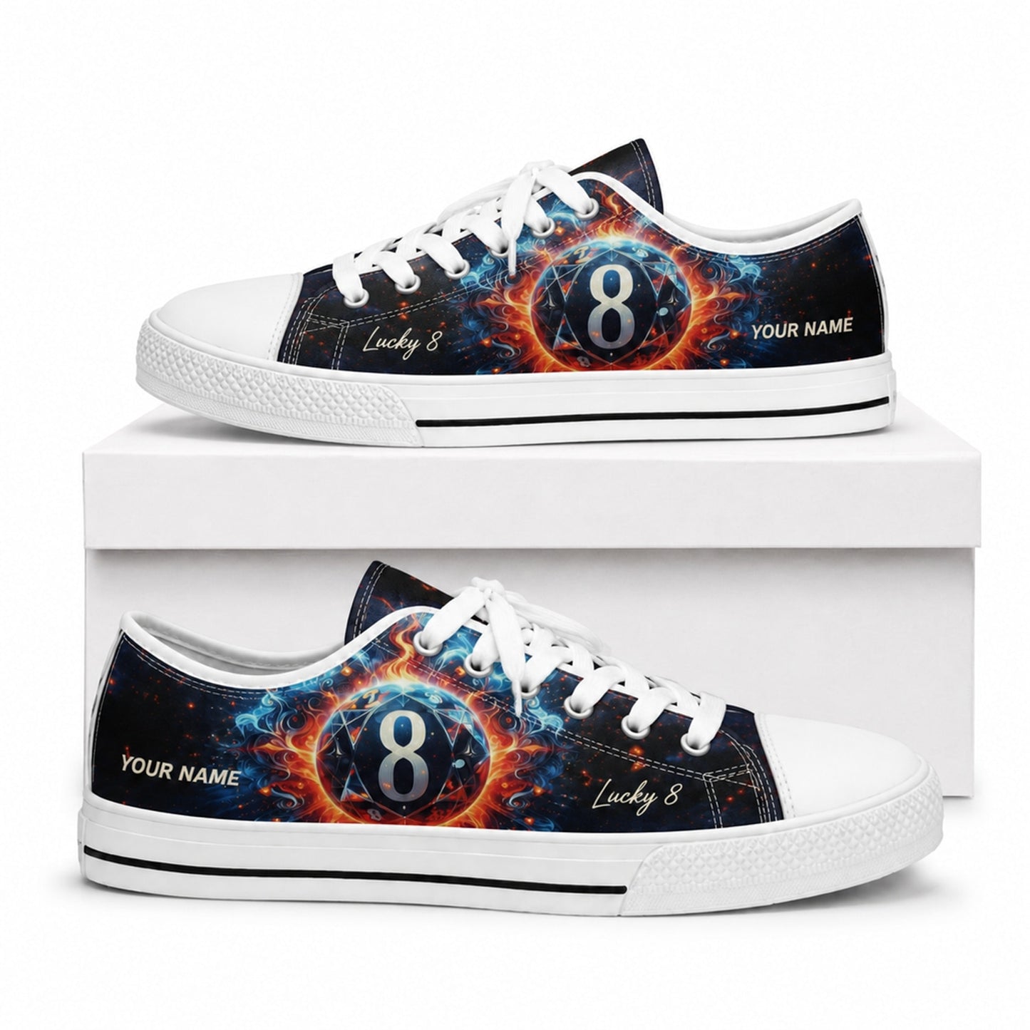 Eight Ball Flame Graphic Personalized Low Top Shoes Box White