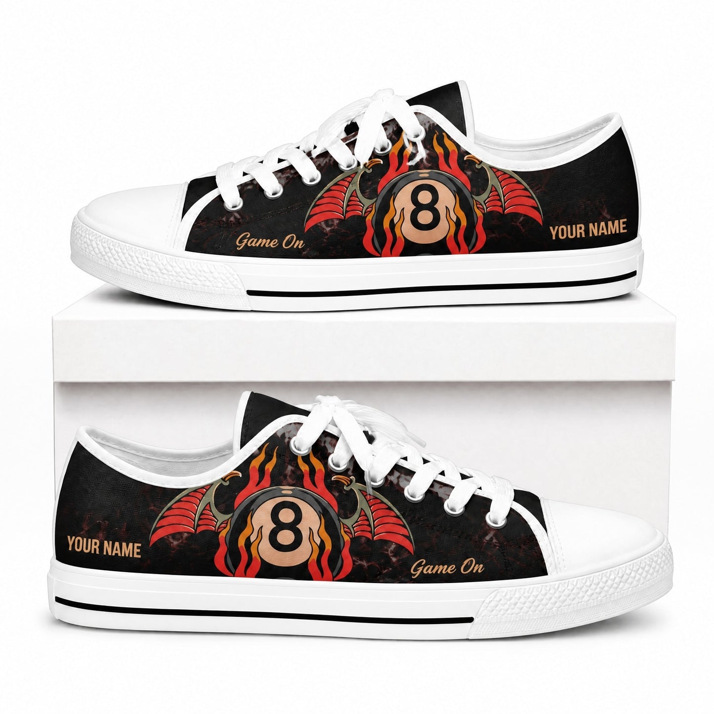 Eight Ball Flames Graphic Custom Low Top Shoes Box White