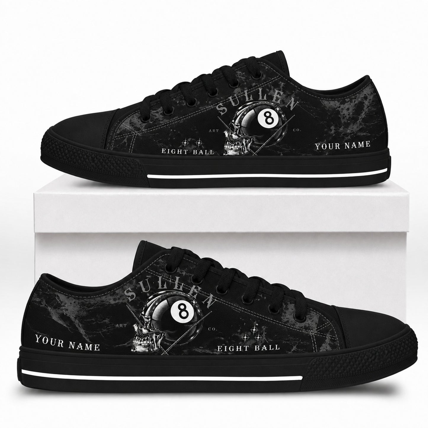 Eight Ball Skull Graphic Personalized Low Top Shoes Box Black