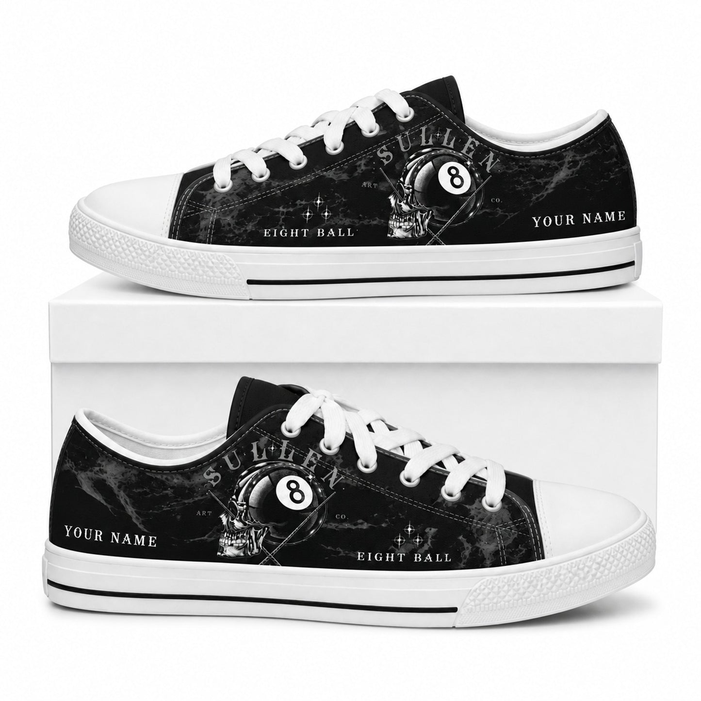 Eight Ball Skull Graphic Personalized Low Top Shoes Box White