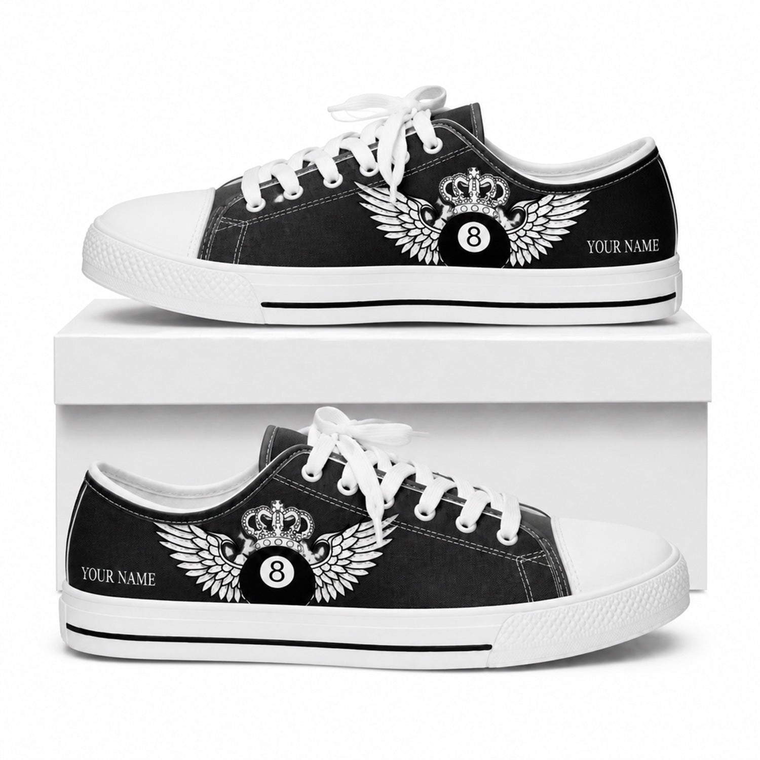 Eight Ball Wing Emblem Graphic Personalized Low Top Shoes Box White